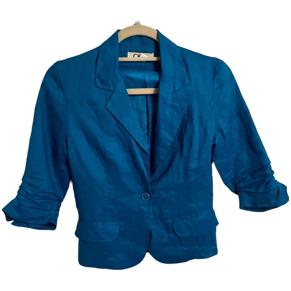 Chloe Blue Linen Blazer Jacket 3/4 Sleeves Single Breasted Designer size 2